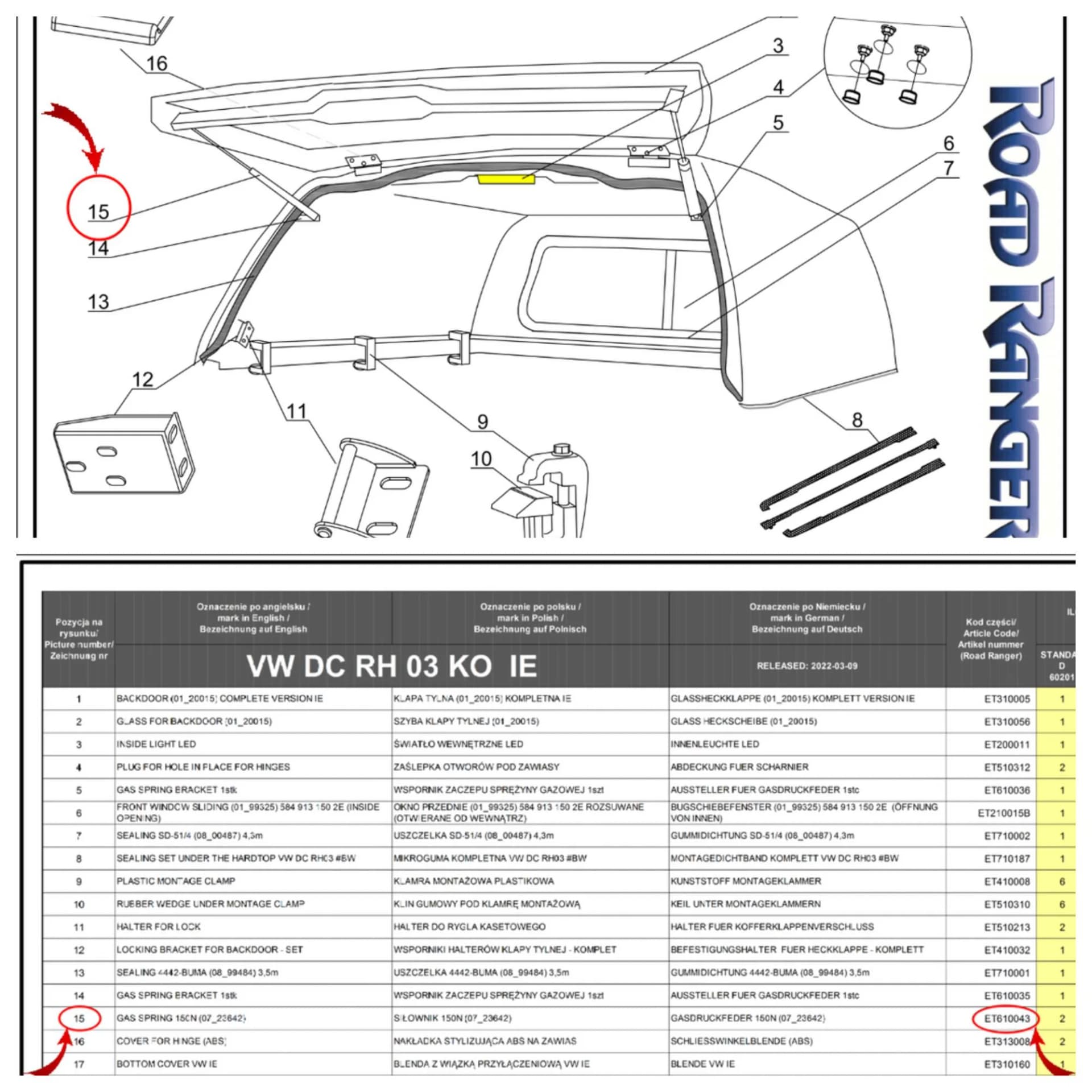 Explosionszeichnung mit Teilenummern und Ersatzteil-Tabelle